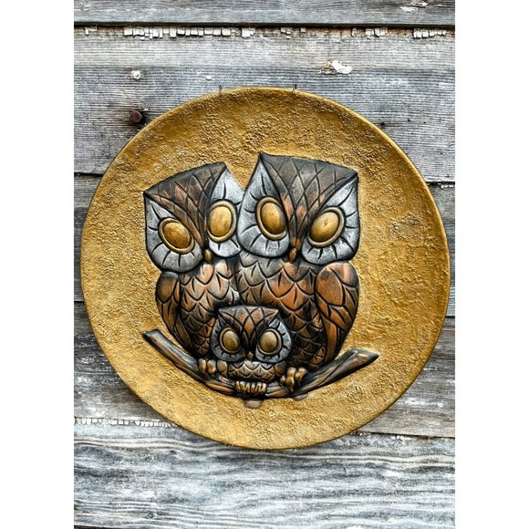 Vintage MCM Decor Hanging Plate/Plaque Owls Gold Brown